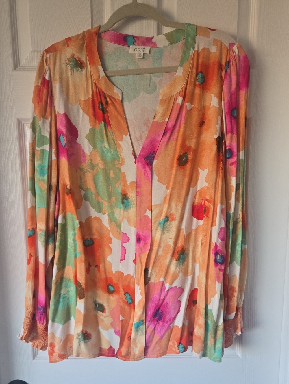 ODDY Floral Watercolor Blouse in Orange, Pink & Green